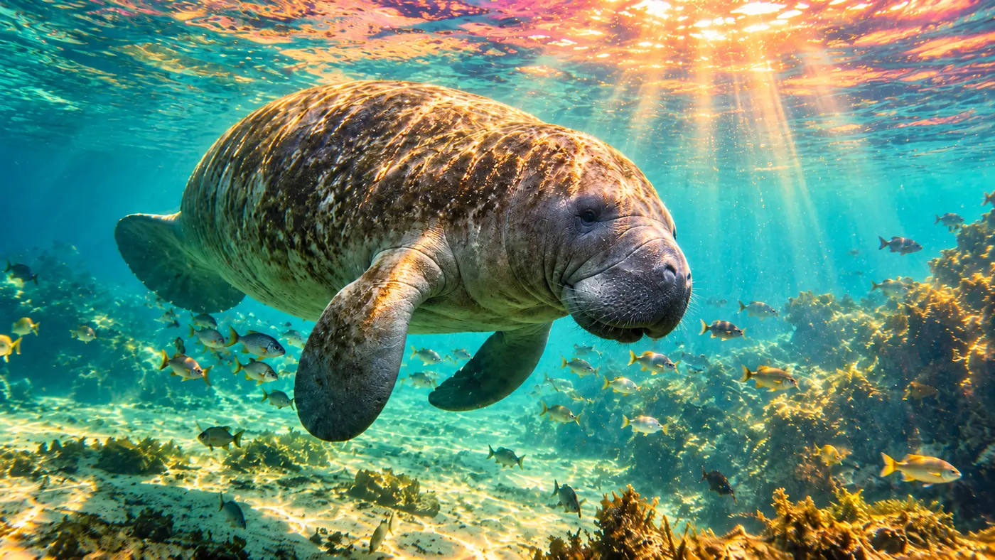 A manatee swimming in clear water with sunbeams filtering through (illustration)