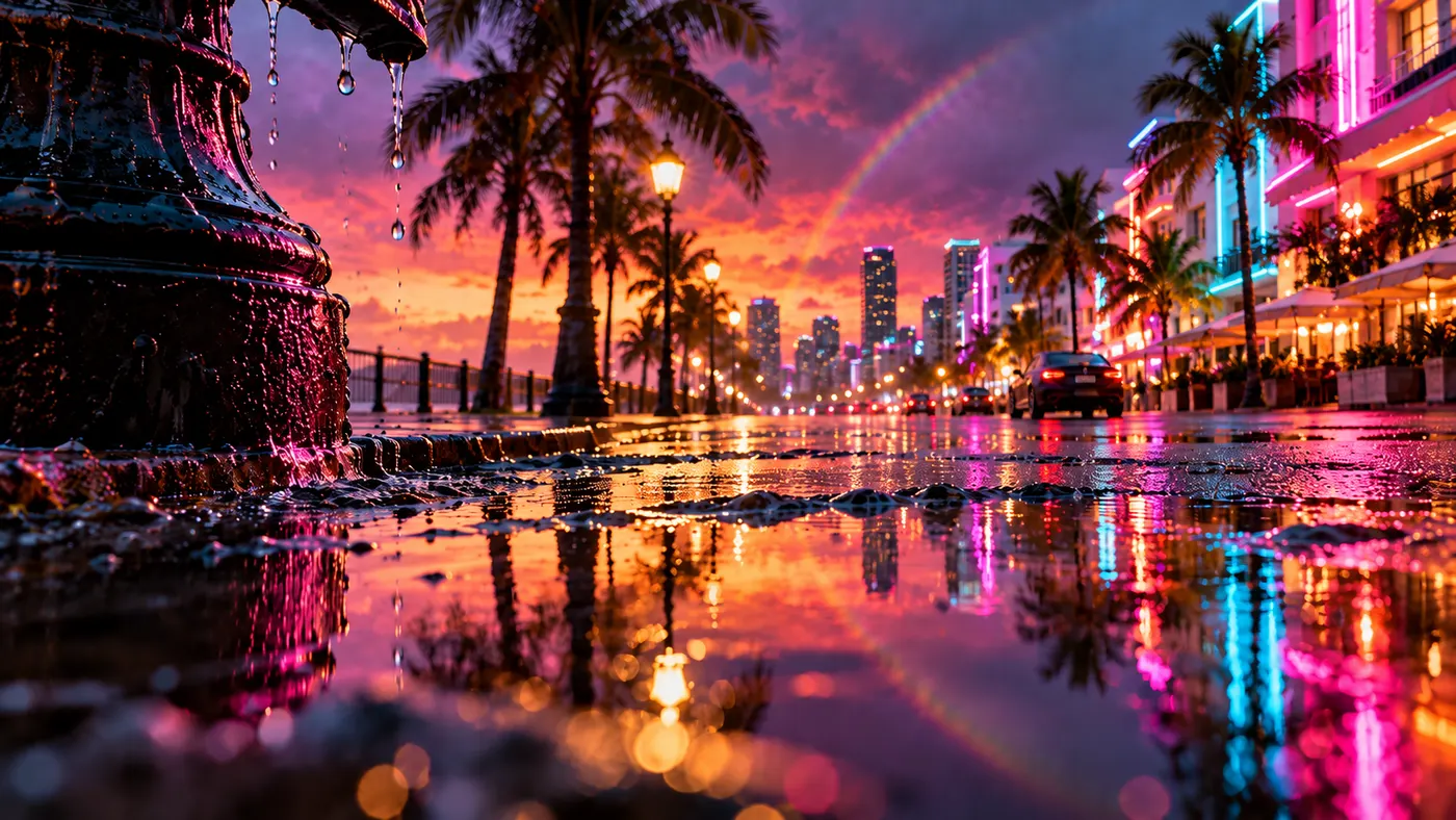 A wet neon-lit beachfront street after a storm, with puddles and a rainbow in the distance (illustration)