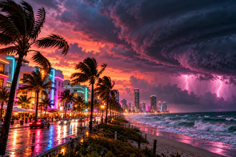 Palm trees bending in the wind in a neon-lit coastal city as lightning-filled hurricane clouds approach from the ocean (illustration)