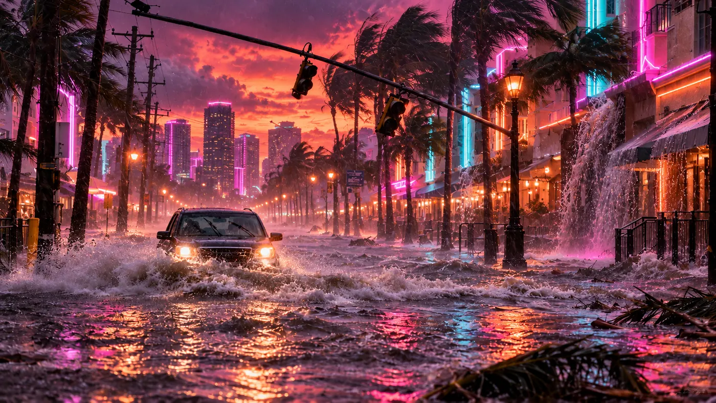 A car with its headlights on driving through a flooded street during a hurricane (illustration)