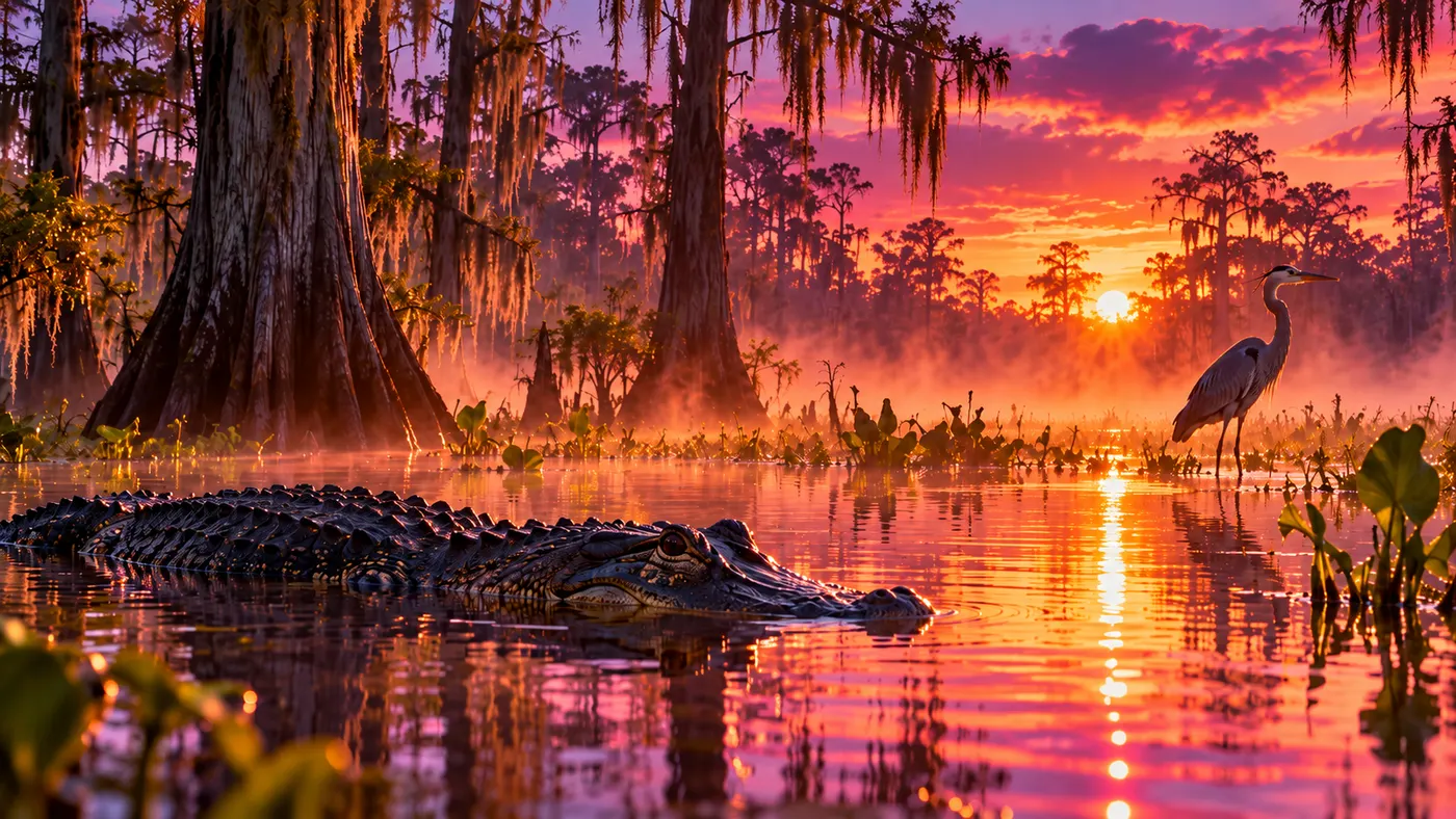 An alligator in a swamp at sunset with a heron standing nearby (illustration)