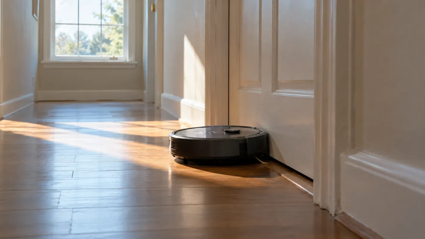 Kapalı bir kapının önünde durmuş, ilerlemeye çalışan bir robot süpürge (illüstrasyon)