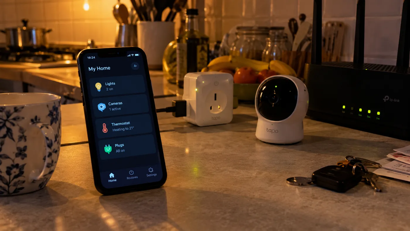 A phone running a smart home app on a kitchen counter next to a smart plug, security camera and router (illustration)