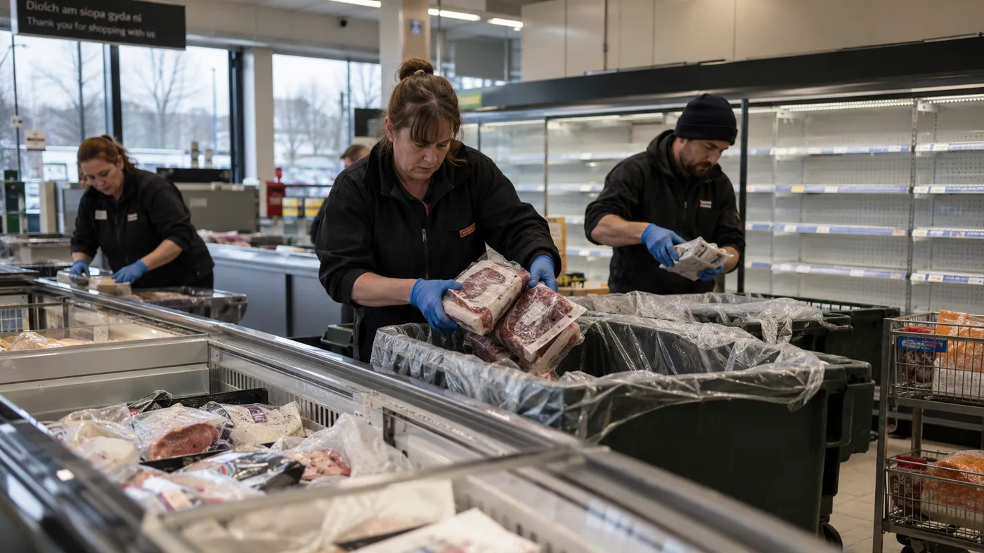 Supermarket staff in gloves throwing spoiled meat and frozen products into waste bins (illustration)
