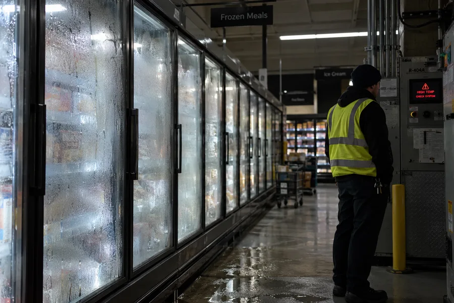 A worker standing in an empty supermarket freezer aisle at night, glass doors fogged up and a control panel showing a red warning (illustration)