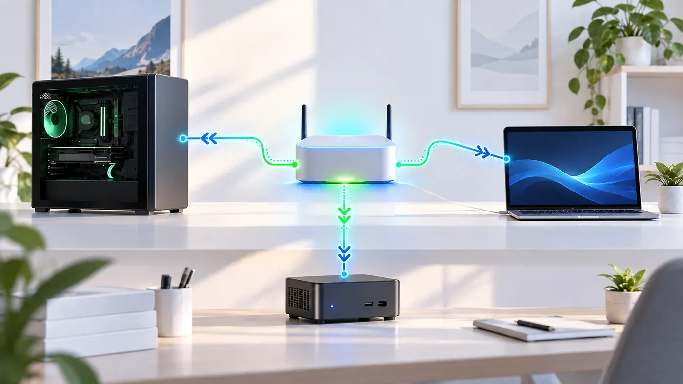 Masaüstünde bir oyun bilgisayarı, dizüstü ve mini PC, ortadaki yönlendiriciye bağlı; istekler o an müsait olan makineye gidiyor (illüstrasyon)