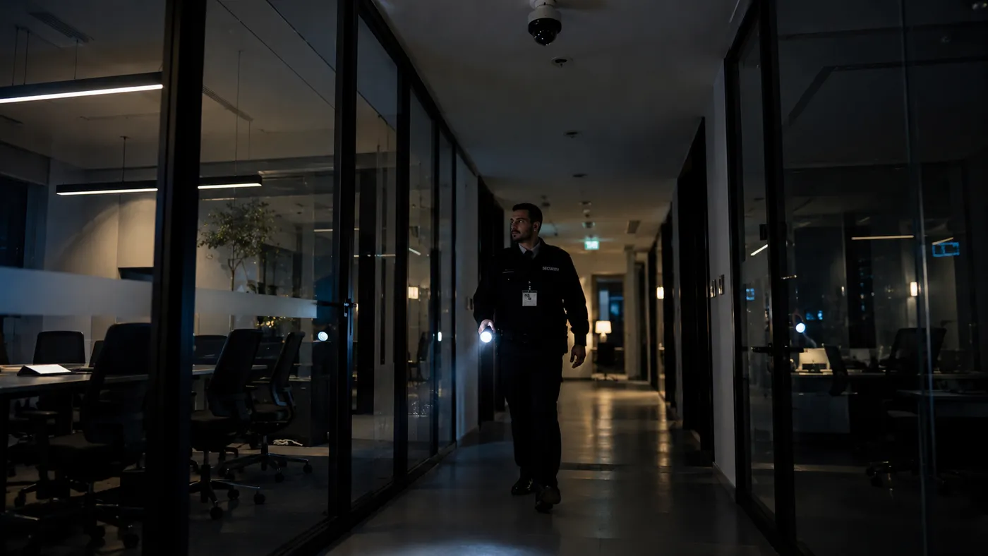 A security guard with a flashlight walking a glass-walled office corridor at night beneath a security camera (illustration)