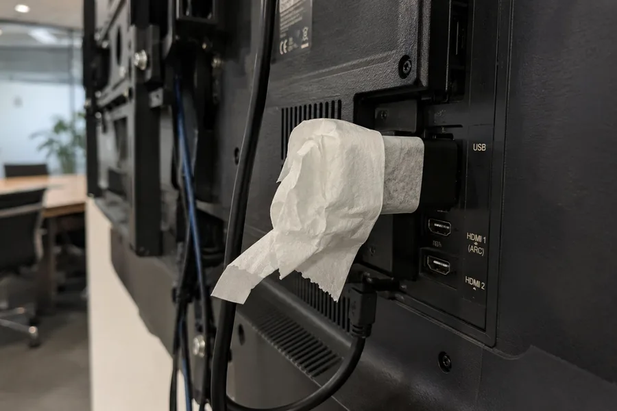 A small device wrapped in toilet paper plugged into a USB port behind a TV in a meeting room (illustration)