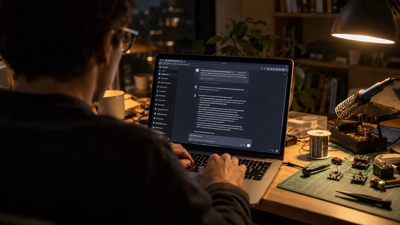 A chat interface on a laptop in a dark room, with electronic components on the desk (illustration)