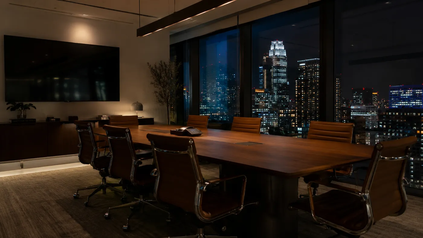 An empty executive meeting room at night with a city view and a large TV on the wall (illustration)