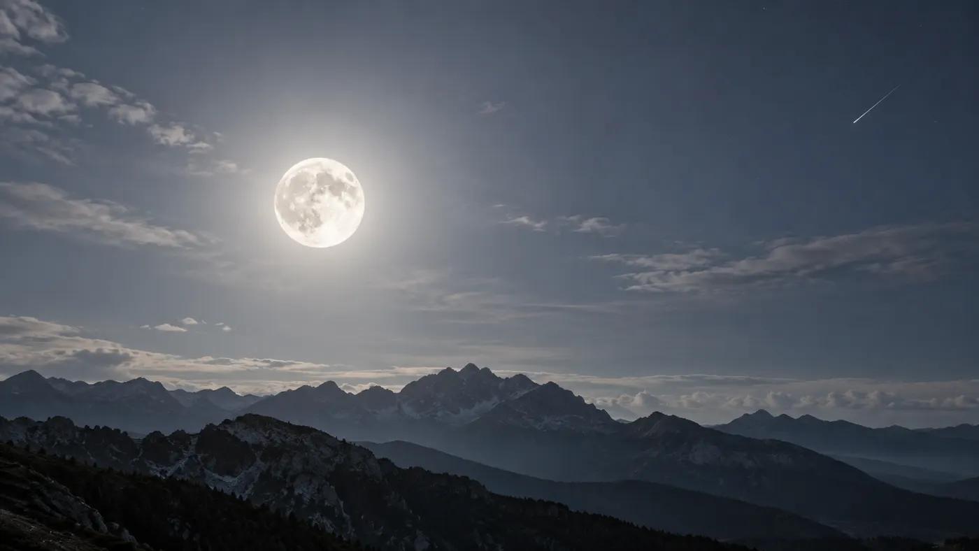 A bright Moon over mountains, with a faint meteor barely visible in the washed-out sky (illustration)