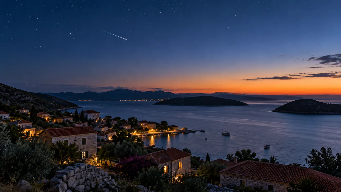 A meteor streaking over a coastal village at evening twilight (illustration)