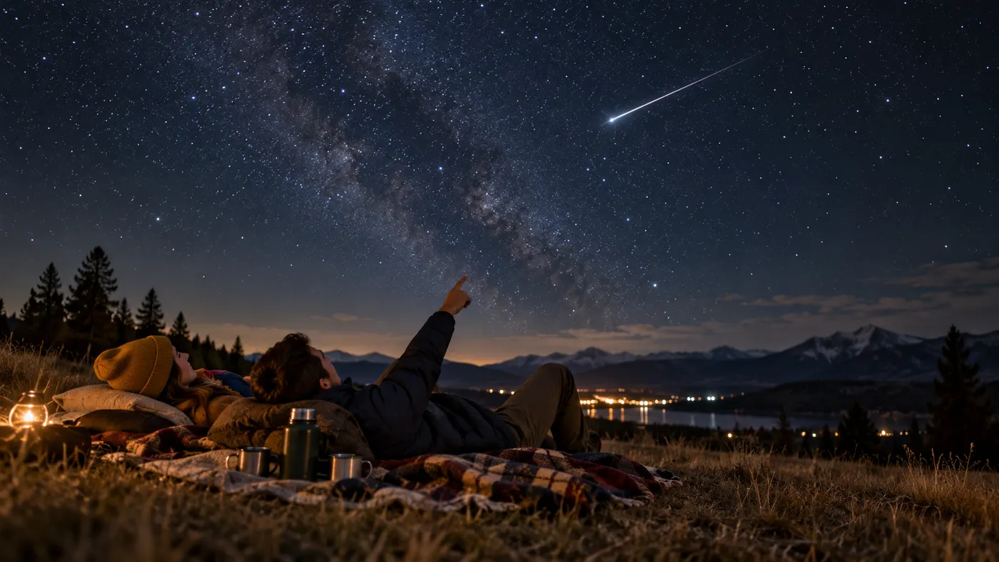 Two people lying on blankets on a dark hilltop pointing at a meteor, a thermos beside them (illustration)