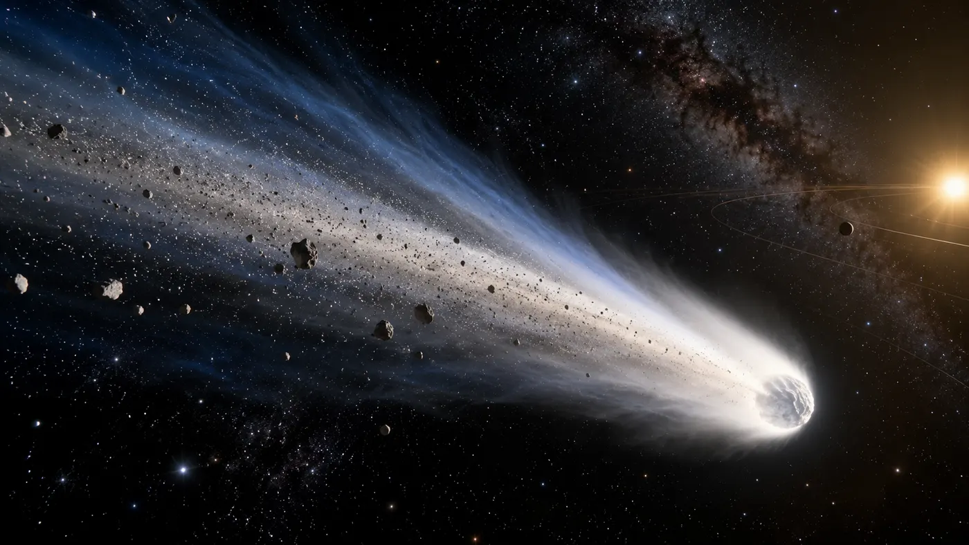 A comet leaving dust and rocky fragments along its orbit in space (illustration)