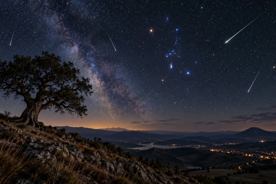 A starry sky seen from a countryside hill, with meteors streaking around the Orion constellation (illustration)