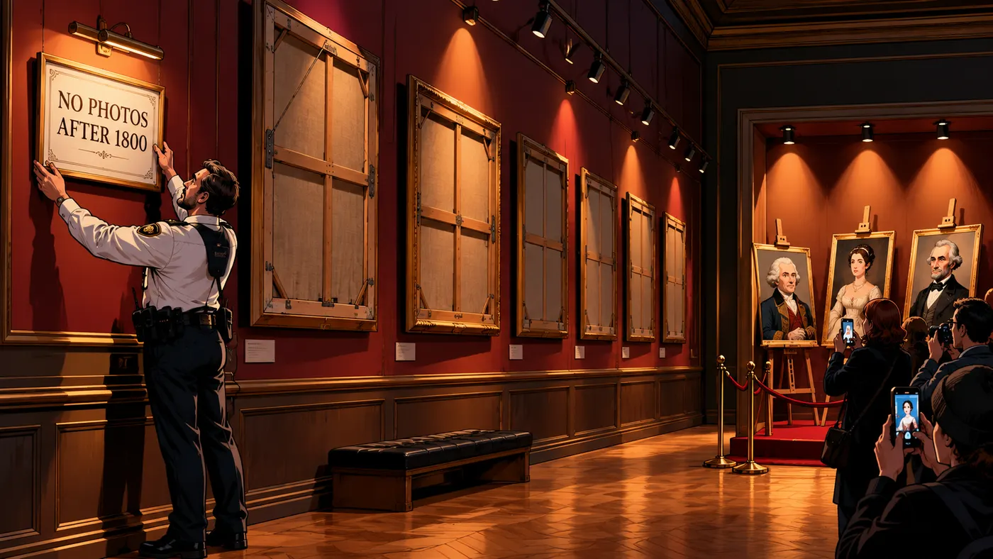 Covered frames in a gallery and a "No photos after 1800" sign (illustration)