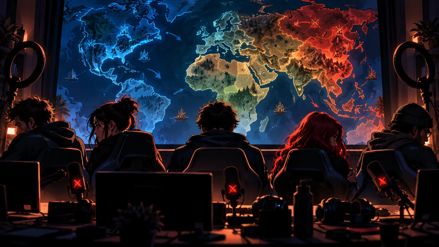 Content creators with their streams off, in front of a dark map screen (illustration)
