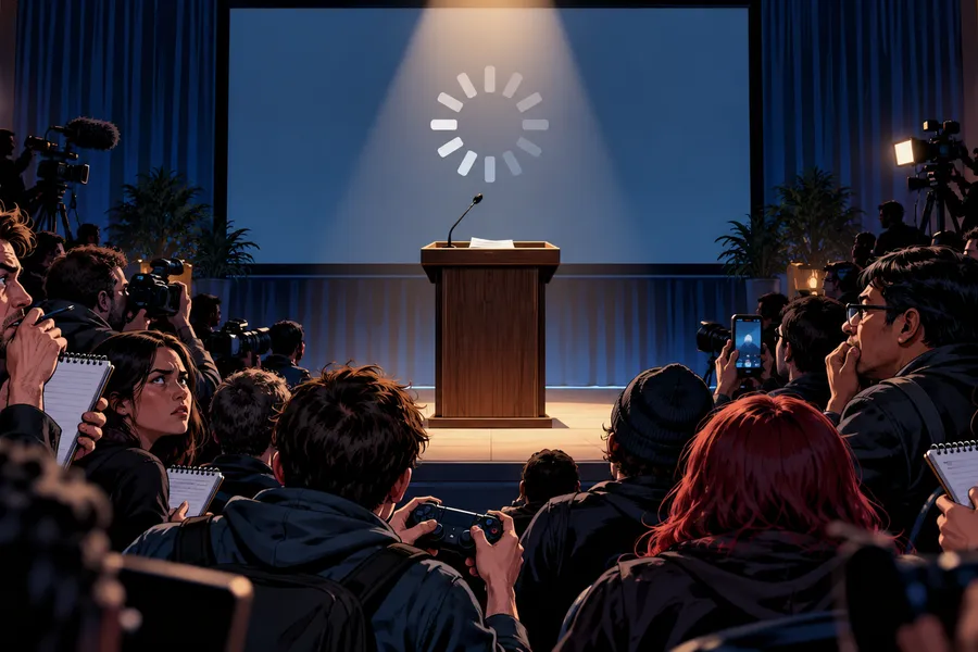 An empty podium before a waiting press room, a loading icon on the screen (illustration)