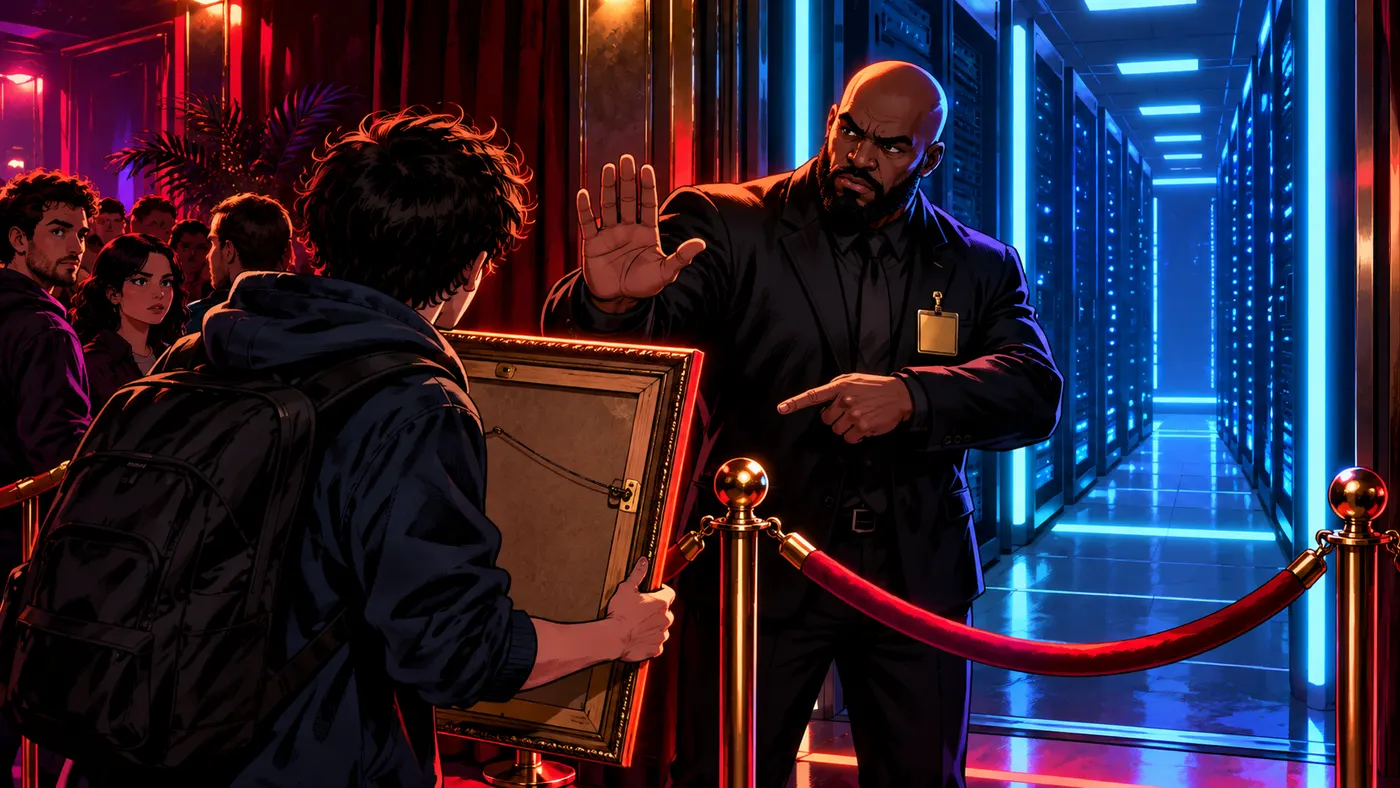 A player holding a framed portrait, stopped at the door (illustration)
