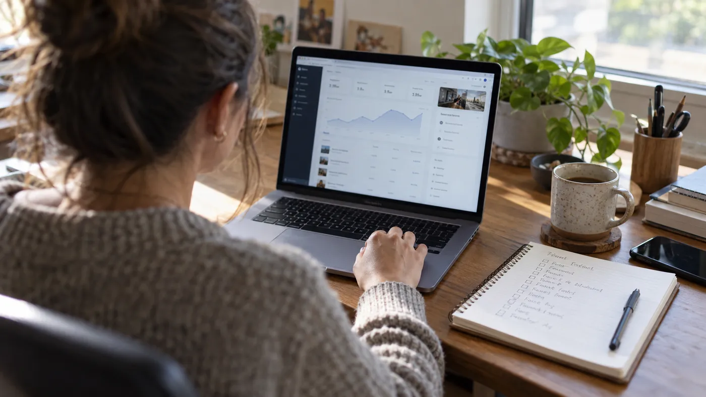 Someone at a small business checking a website dashboard on a laptop, with a to-do list beside them (illustration)