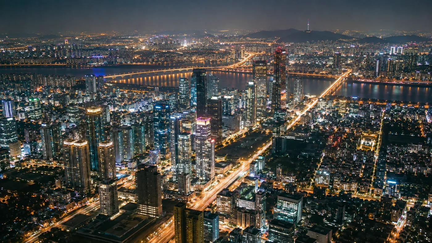 A large city full of lights seen from above at night (illustration)