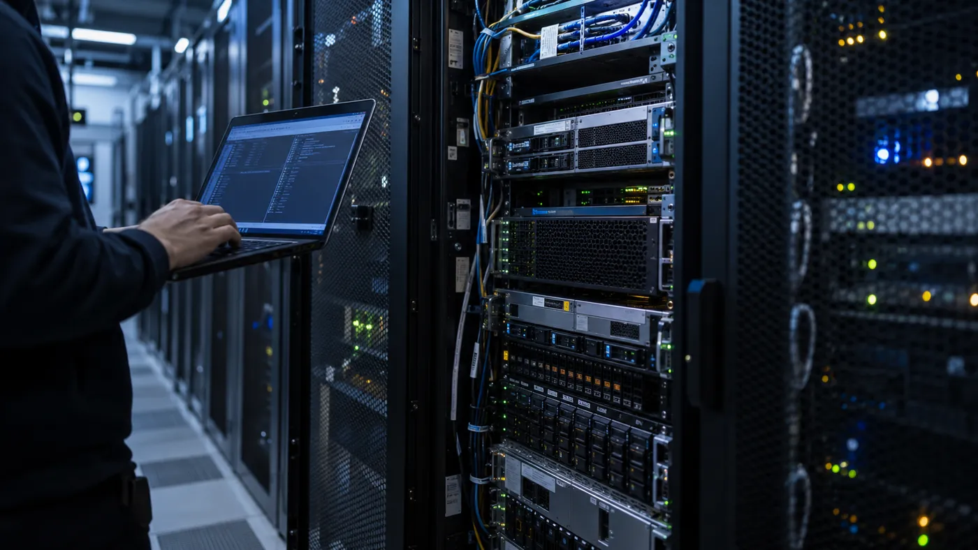 A technician working on a laptop at an open server rack in a data center (illustration)