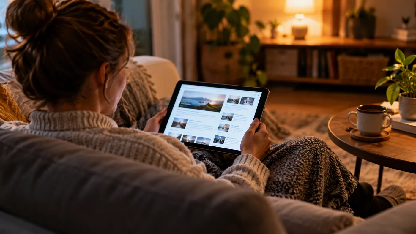 Someone browsing a news site on a tablet on the sofa in the evening (illustration)