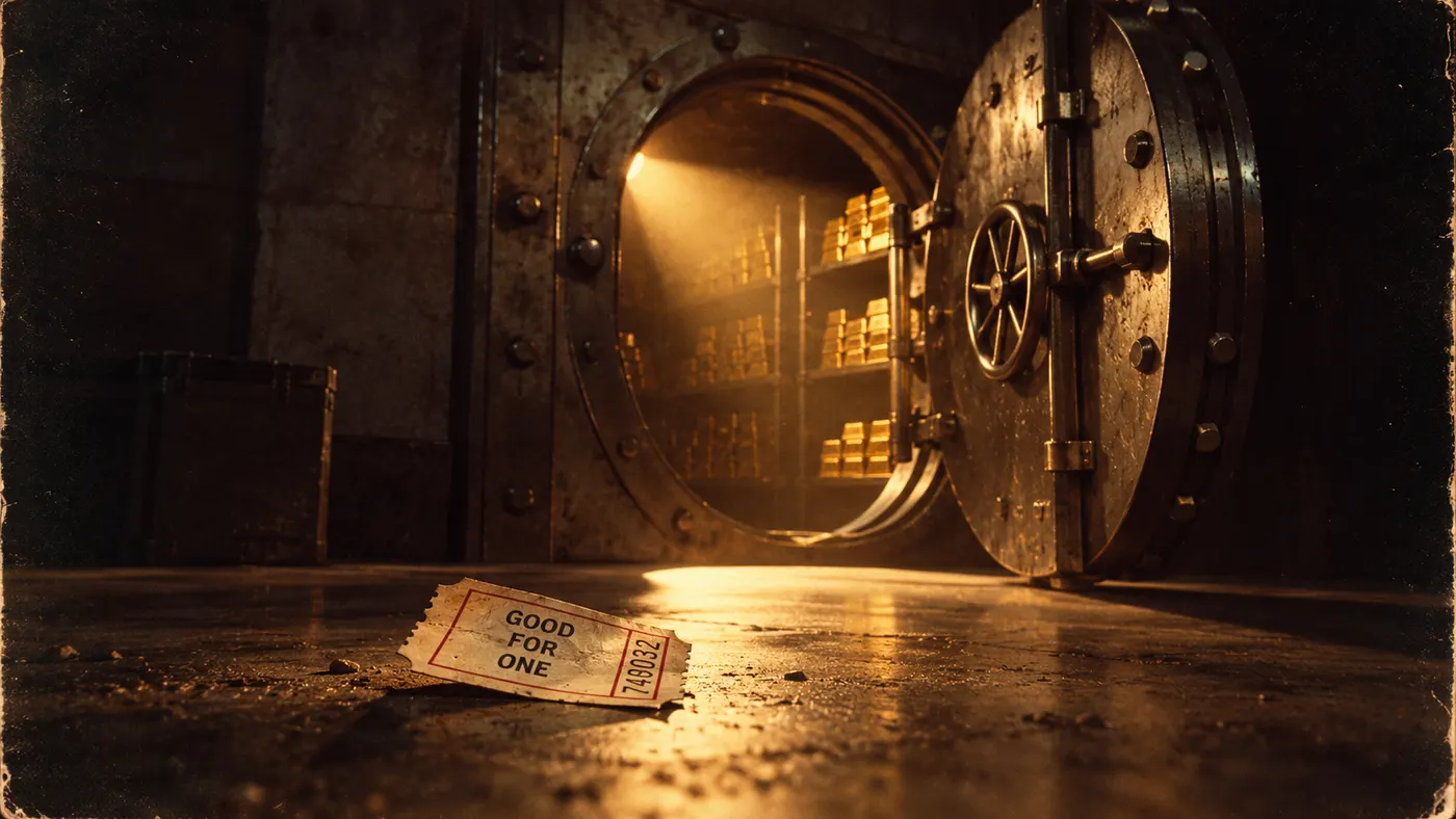 A vault with its door wide open and a single admission ticket on the floor (illustration)