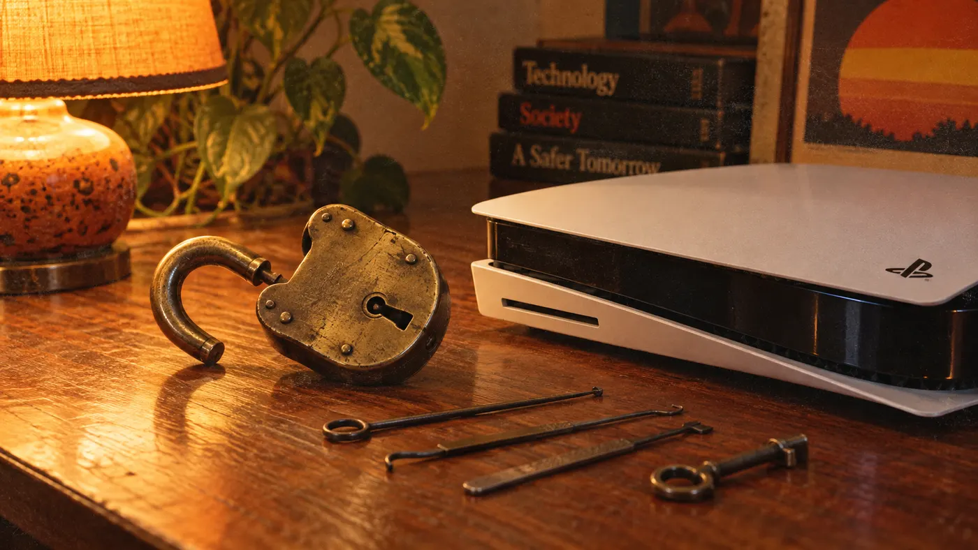 An open padlock and lock picks on a desk next to a PS5 (illustration)