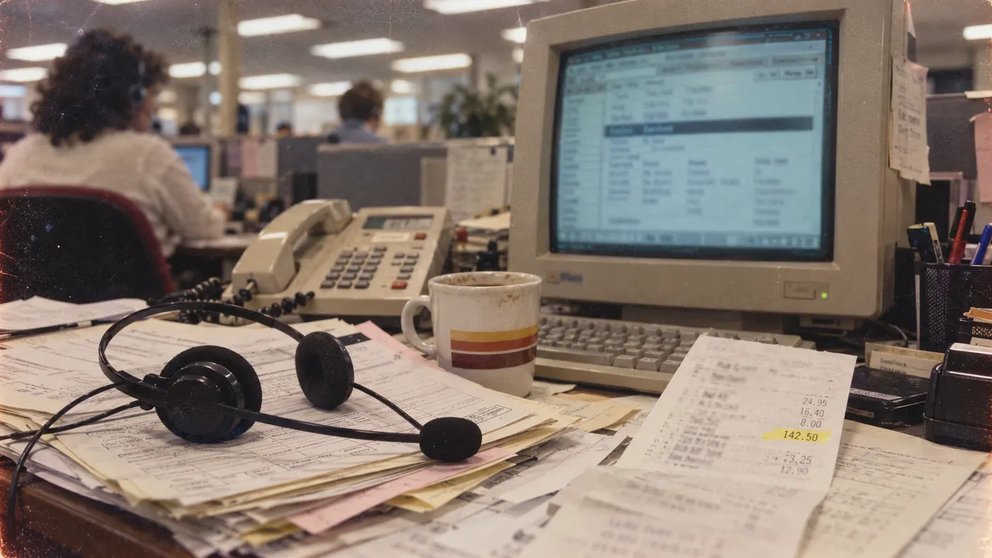A headset, a phone and purchase receipts on a call center desk (illustration)