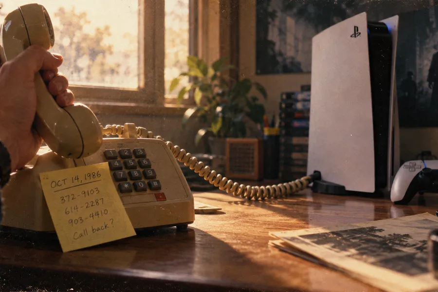 Someone on an old-style phone; sticky notes on the desk, a PS5 and controller behind them (illustration)