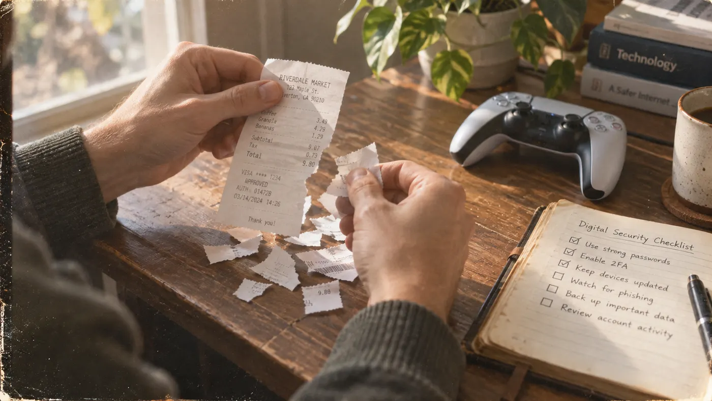 Hands tearing up a purchase receipt next to a PS5 controller and a digital security checklist (illustration)