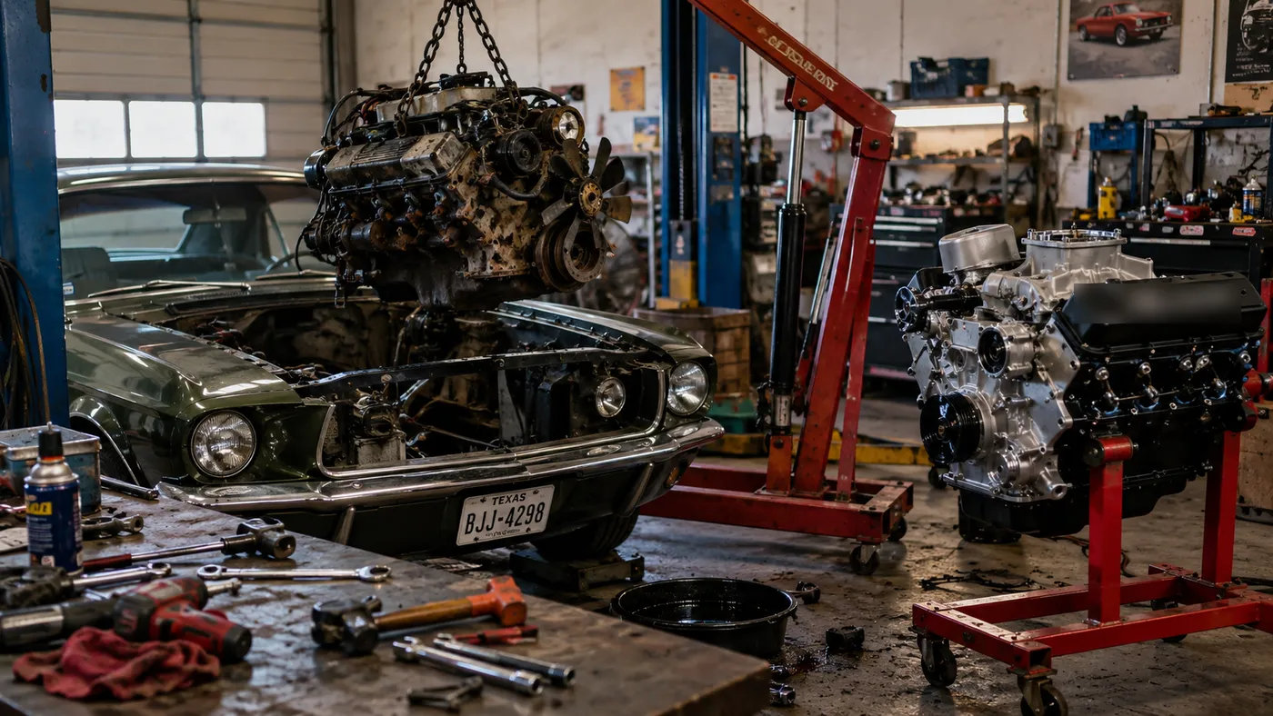 Bir atölyede vinçle kaldırılan eski araba motoru ve yanında bekleyen yeni motor (illüstrasyon)