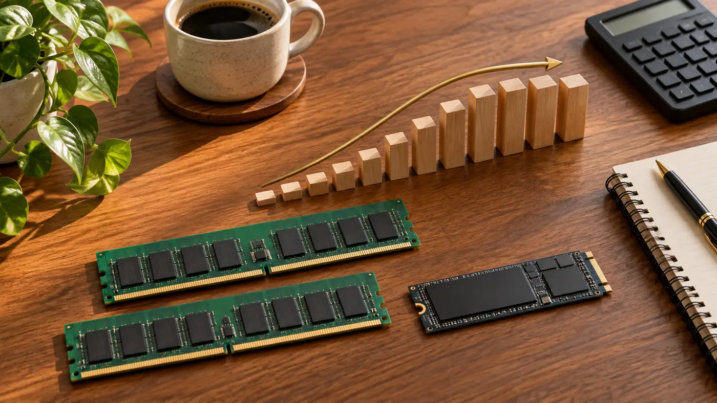 Masada bellek modülleri ve bir SSD; arkada önce hızla yükselip sonra dengelenen tahta bloklar (illüstrasyon)