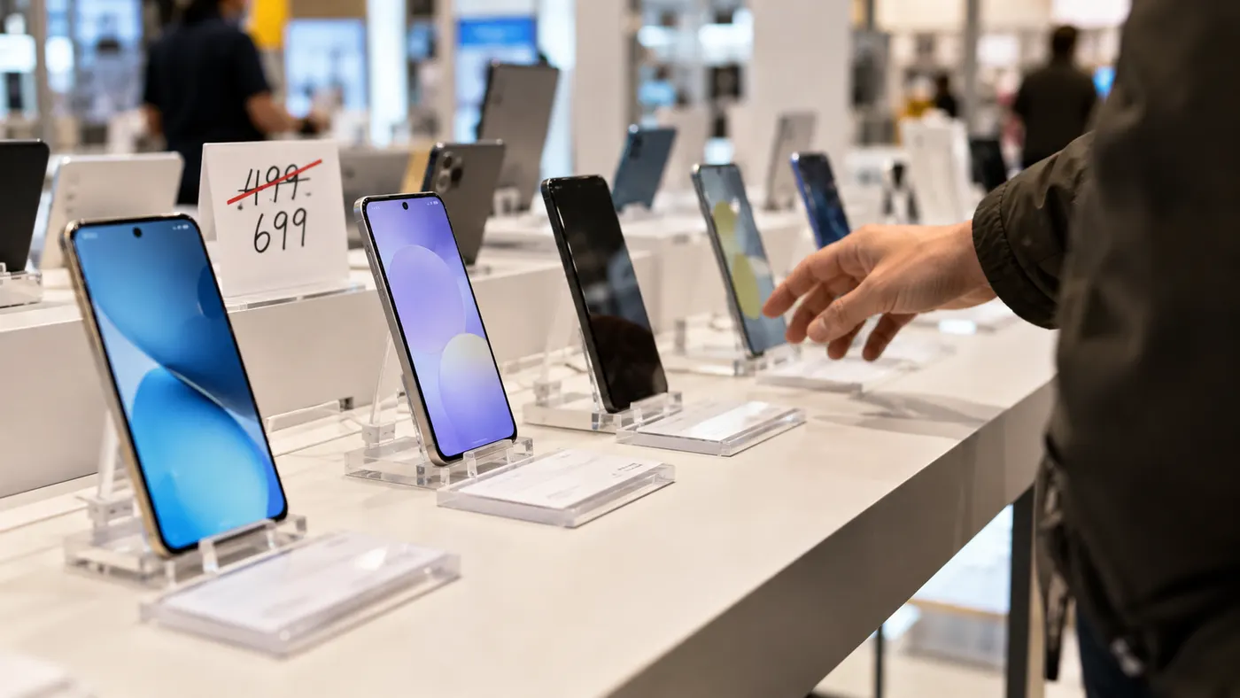 Mağazada sergilenen telefonlar; fiyat kartında eski fiyatın üstü çizilip daha yüksek fiyat yazılmış (illüstrasyon)