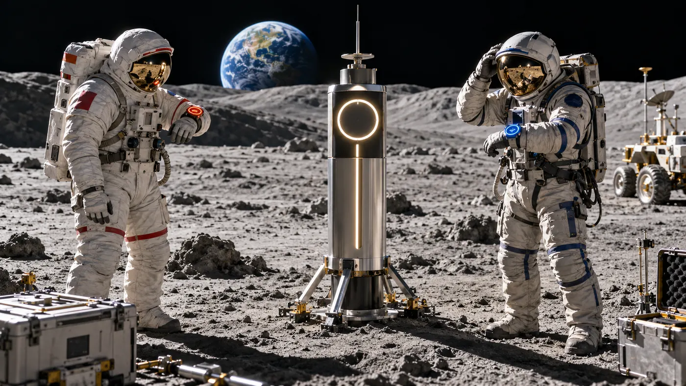 Ay yüzeyinde saatlerini karşılaştıran iki astronot ve aralarındaki saat işareti (illüstrasyon)