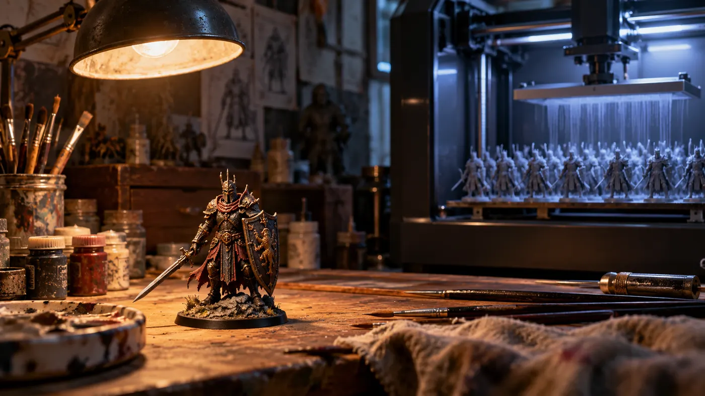A single hand-painted miniature, with a 3D printer mass-producing copies of it in the background (illustration)