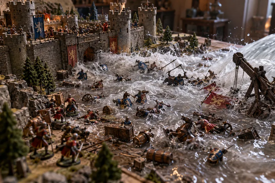 A giant wave sweeping away miniature army figures in front of a model castle (illustration)