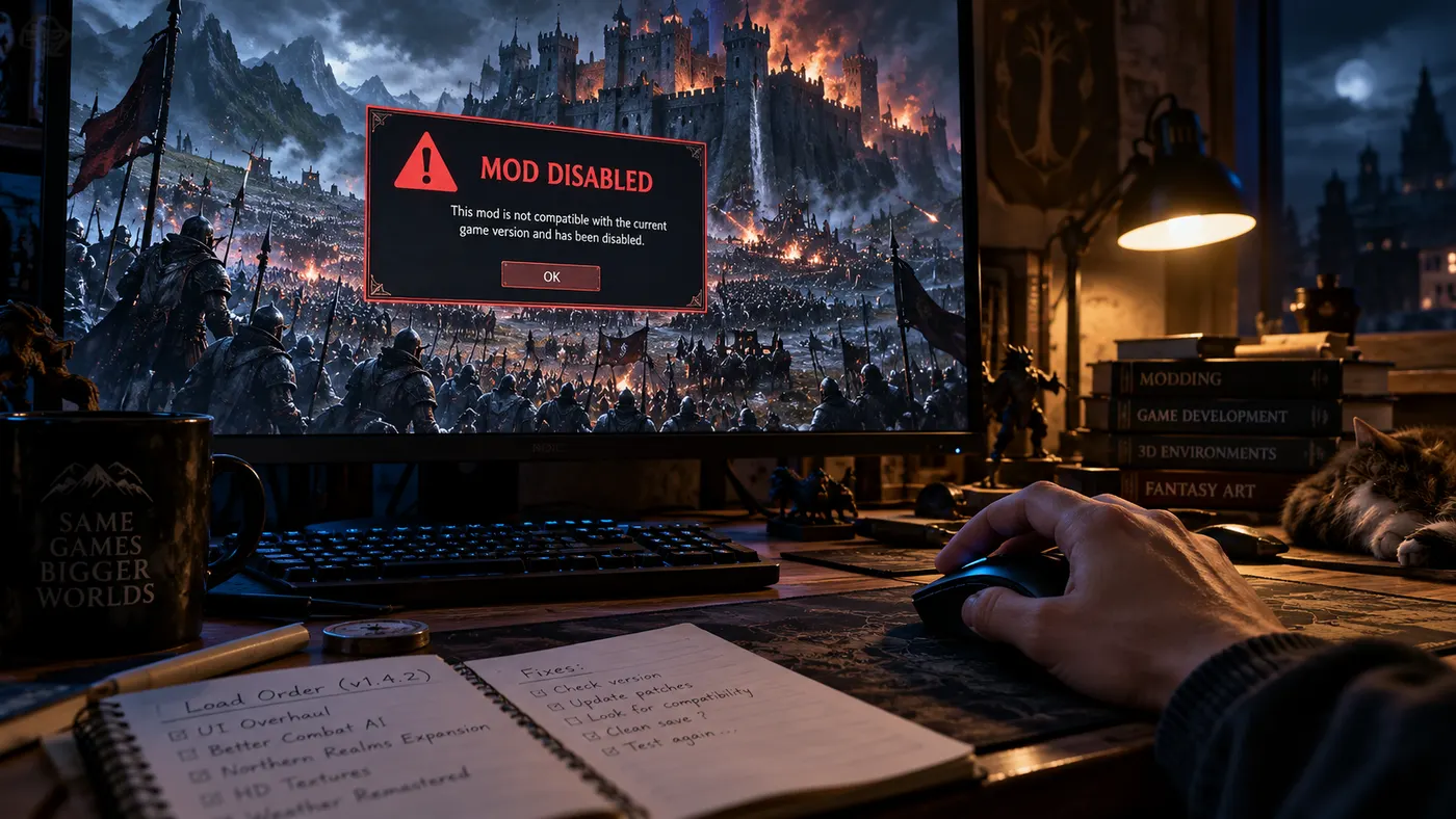 A warning on screen that a mod has been disabled because it is incompatible with the new game version (illustration)