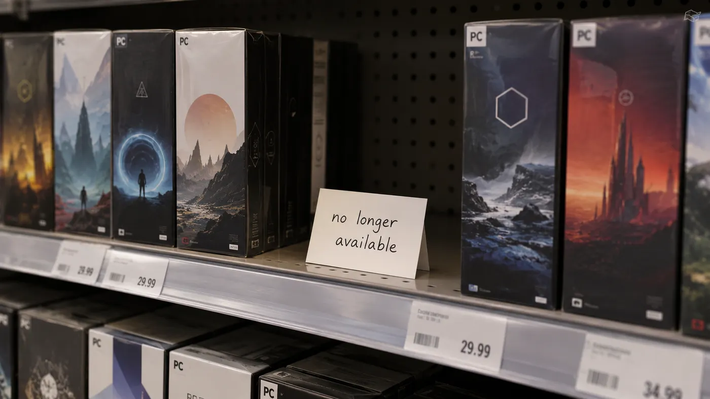 A "no longer available" card in a gap between PC game boxes on a store shelf (illustration)
