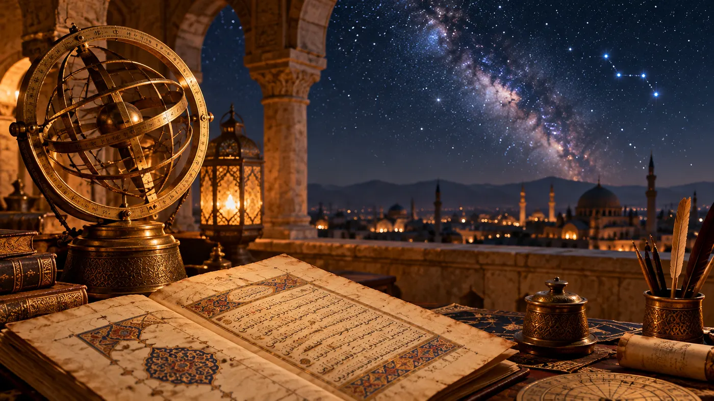 Gece bir şehre bakan kemerli bir rasathanede açık bir el yazması ve gökküresi; gökyüzünde W biçimli takımyıldız (illüstrasyon)