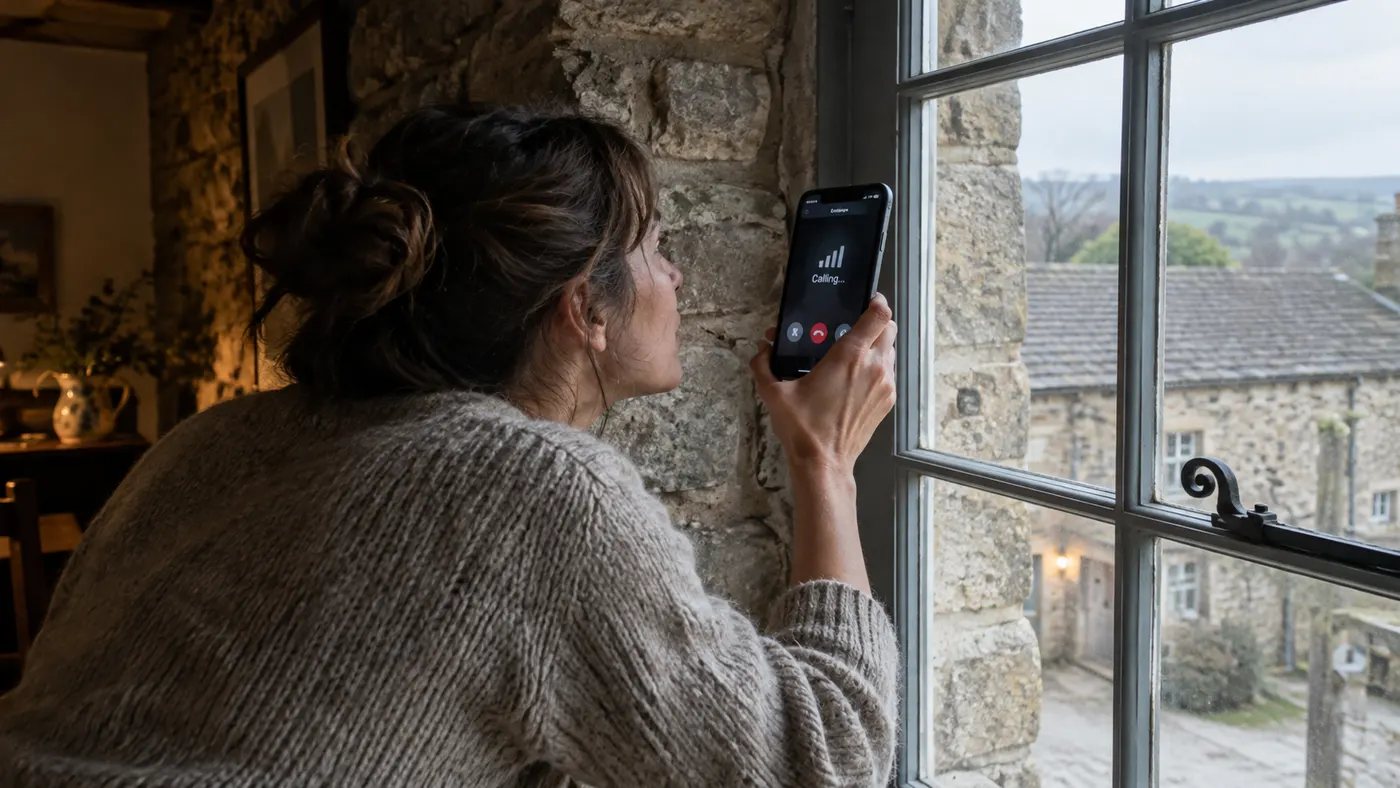 Taş bir evin penceresine yaslanıp telefonunda sinyal arayan bir kadın (illüstrasyon)