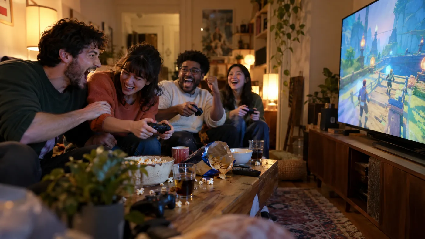 Four friends laughing on a couch while playing a game in a living room (illustration)