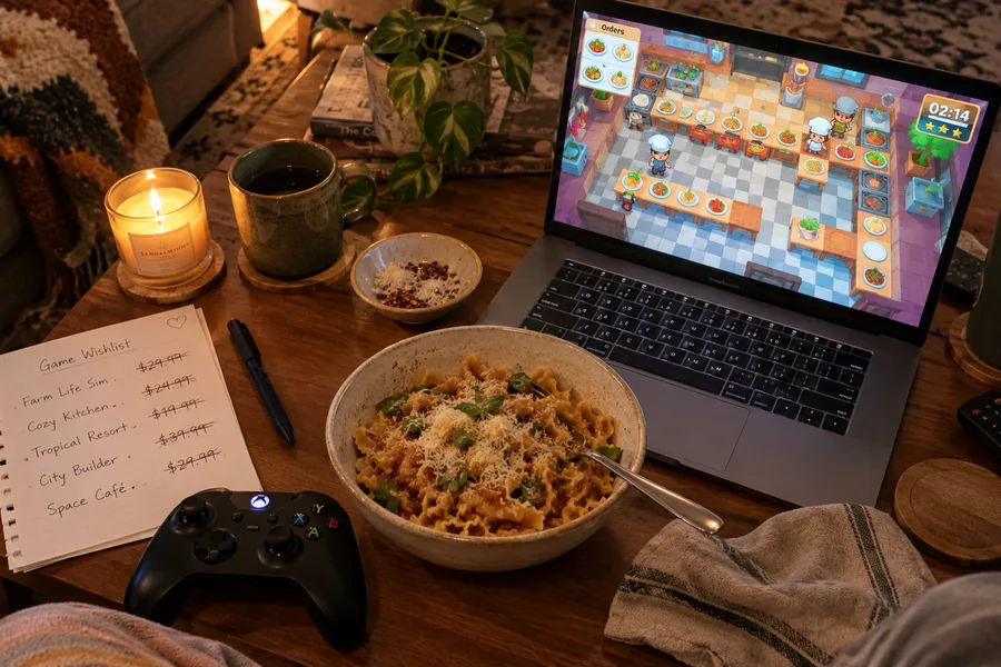 A bowl of pasta, a controller, a wishlist and a laptop running a cooking game on a coffee table (illustration)