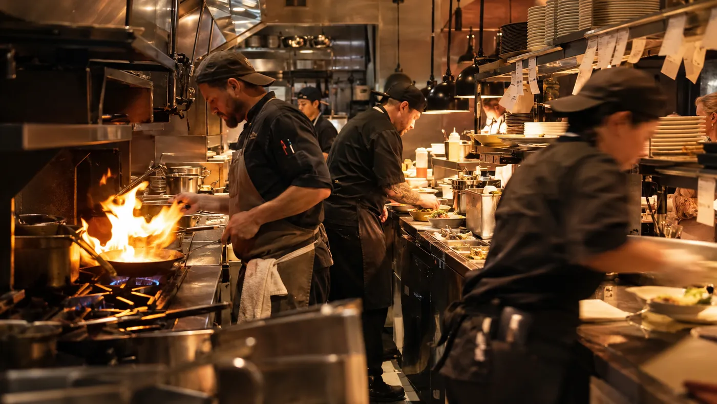 Chefs cooking over a flaming pan in a busy restaurant kitchen (illustration)