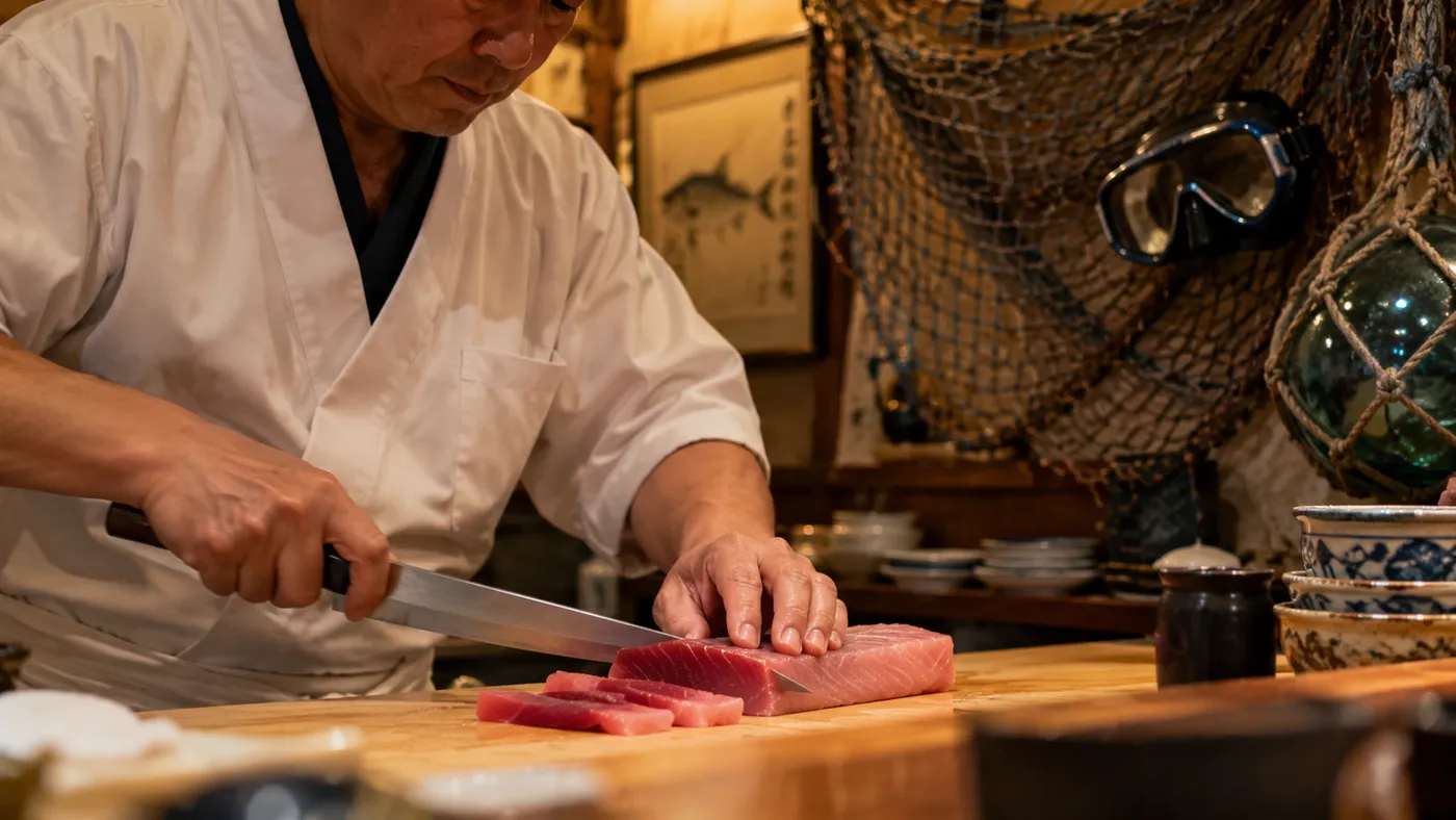 A sushi chef slicing tuna at a wooden counter, with a fishing net and diving mask behind him (illustration)