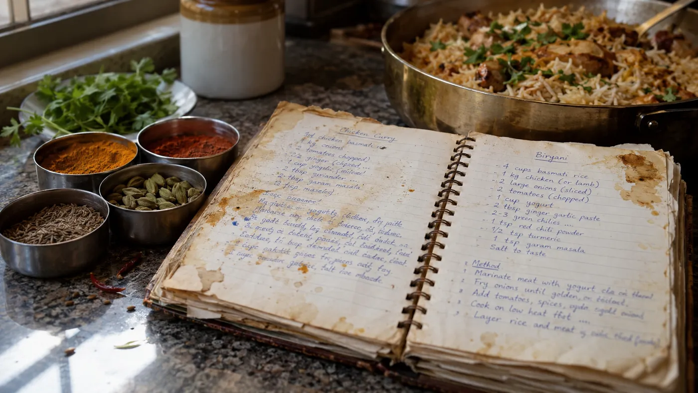 A worn handwritten family recipe notebook beside spice bowls and a pot of biryani on a kitchen counter (illustration)