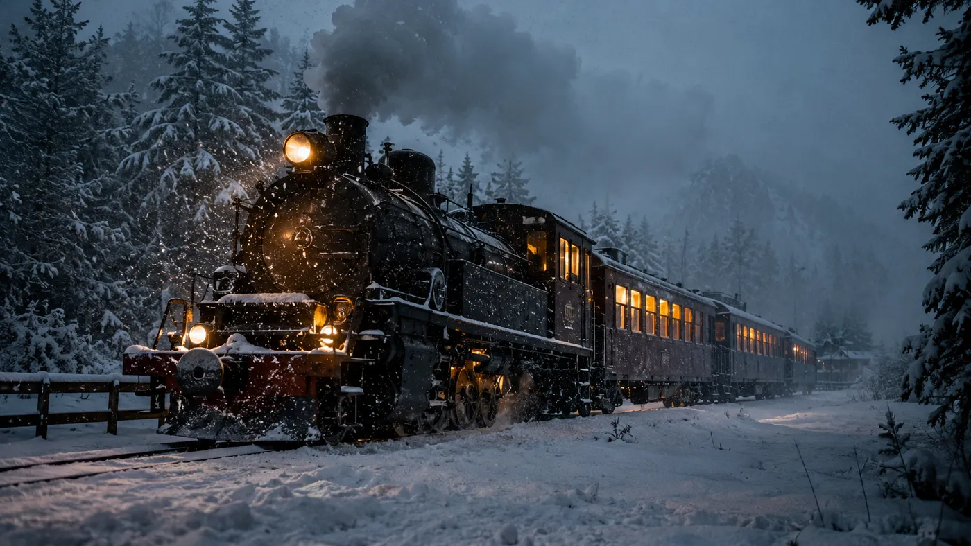 An armored steam train with its lights on, puffing smoke through a snowy forest (illustration)