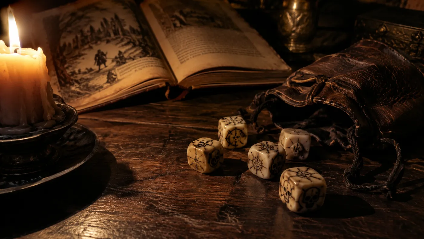 Carved dice, a leather pouch and an open storybook on a wooden table by candlelight (illustration)