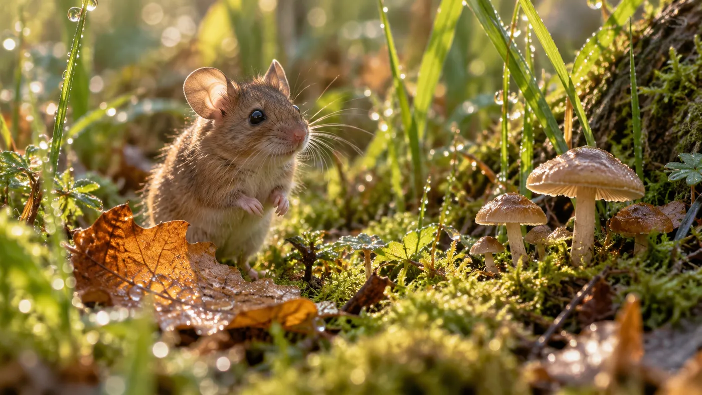 A tiny mouse standing among dewy moss and mushrooms (illustration)